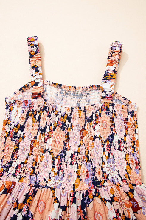 Retro Floral Print Smocked Bodice Wide Leg Jumpsuit